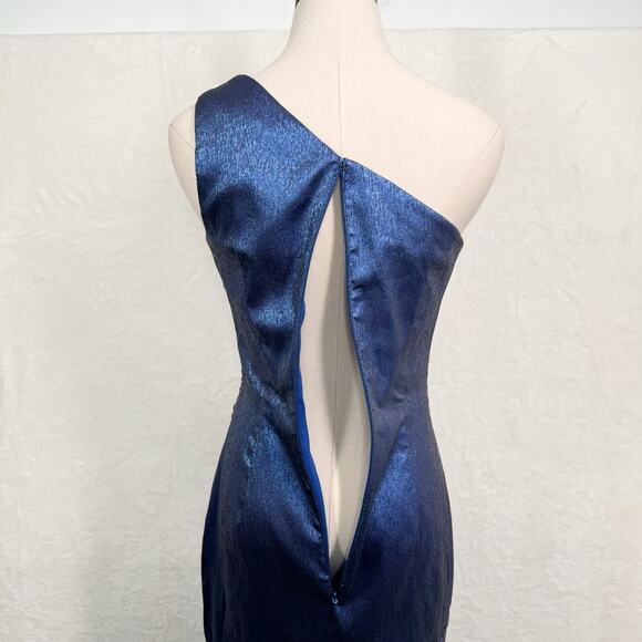 Theia One Shoulder Ruched Gown Sail Blue Silk Metallic Formal Wedding Size 2 - Picture 9 of 14